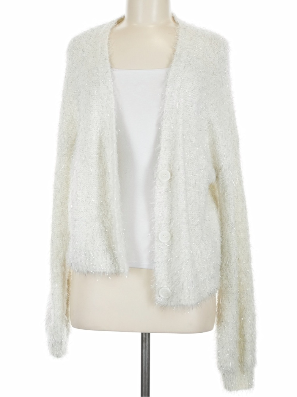 Sparkly 🪩 LC Lauren Conrad Ivory & Silver Tinsel Fuzzy Button-Front Cardigan